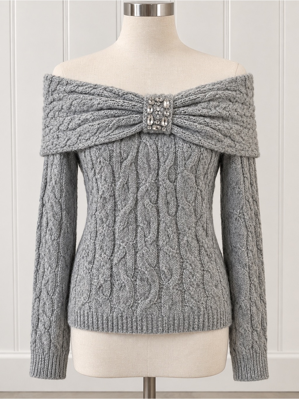 Off-Shoulder Cable Knit Sweater with Embellished Bow - Gray